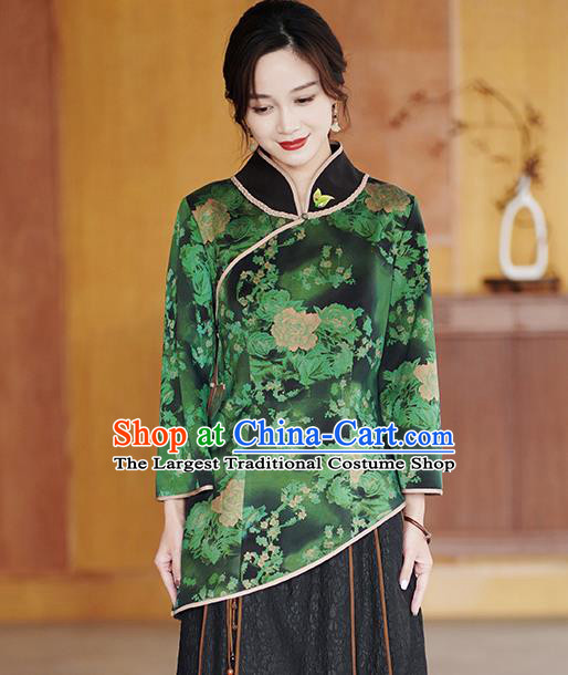 China National Gambiered Guangdong Gauze Shirt Traditional Tang Suit Green Silk Blouse