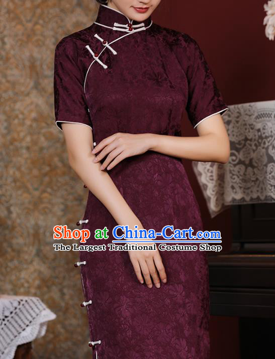 Chinese Traditional Purple Cheongsam National Shanghai Mistress Costume Classical Jacquard Silk Qipao Dress