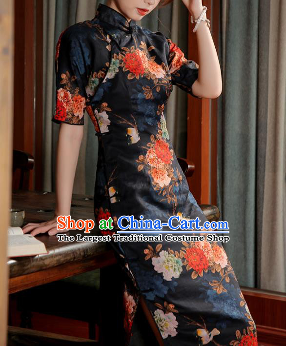 Chinese Traditional Printing Peony Black Ramie Cheongsam Classical Qipao Dress National Shanghai Woman Costume