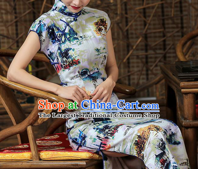 Chinese Traditional Printing Landscape Cheongsam Clothing Classical White Flax Qipao Dress