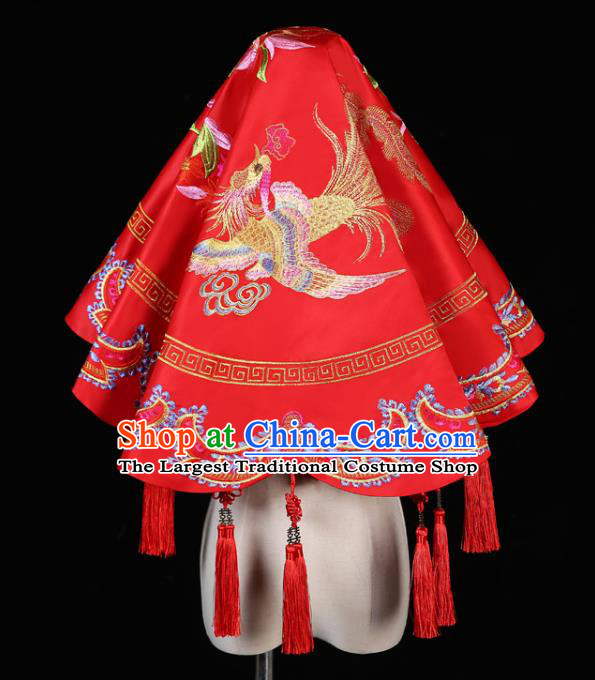 China Traditional Wedding Xiuhe Suit Headdress Embroidery Dragon Phoenix Red Bridal Veil Kerchief