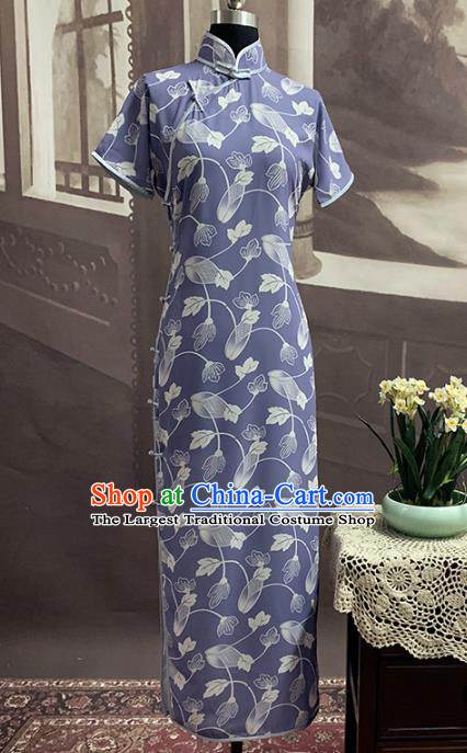 Chinese Classical Printing Purple Chiffon Cheongsam Traditional Stage Show Qipao Dress