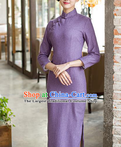 Republic of China Young Woman Cheongsam Costume Traditional Minguo Purple Flannel Qipao Dress