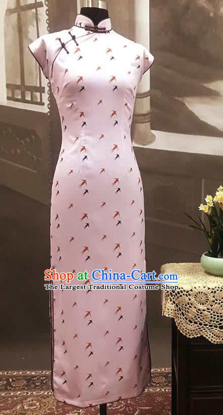 Republic of China Printing Swallow Pink Cheongsam Costume Traditional Minguo Shanghai Young Lady Qipao Dress