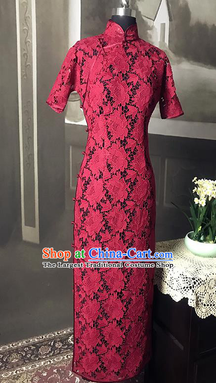 Republic of China Red Peony Lace Cheongsam Costume Traditional Minguo Shanghai Mother Qipao Dress