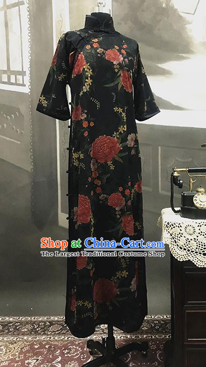 Republic of China Gambiered Guangdong Gauze Cheongsam Costume Traditional Minguo Printing Peony Black Silk Qipao Dress