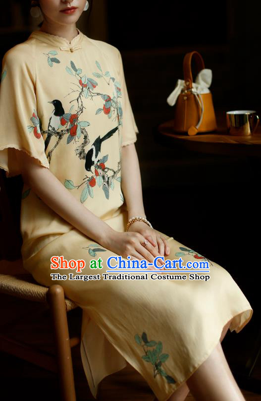 China Young Woman Modern Dance Cheongsam Costume Traditional Printing Yellow Silk Qipao Dress