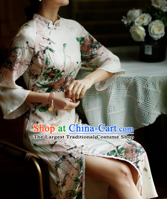 China Classical Printing Silk Cheongsam Costume Traditional Young Lady Qipao Dress