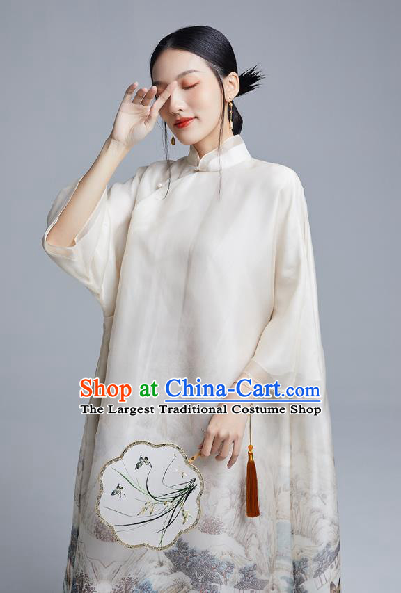 China Classical Ink Painting Landscape Cheongsam Costume Traditional Young Lady White Organdy Loose Qipao Dress