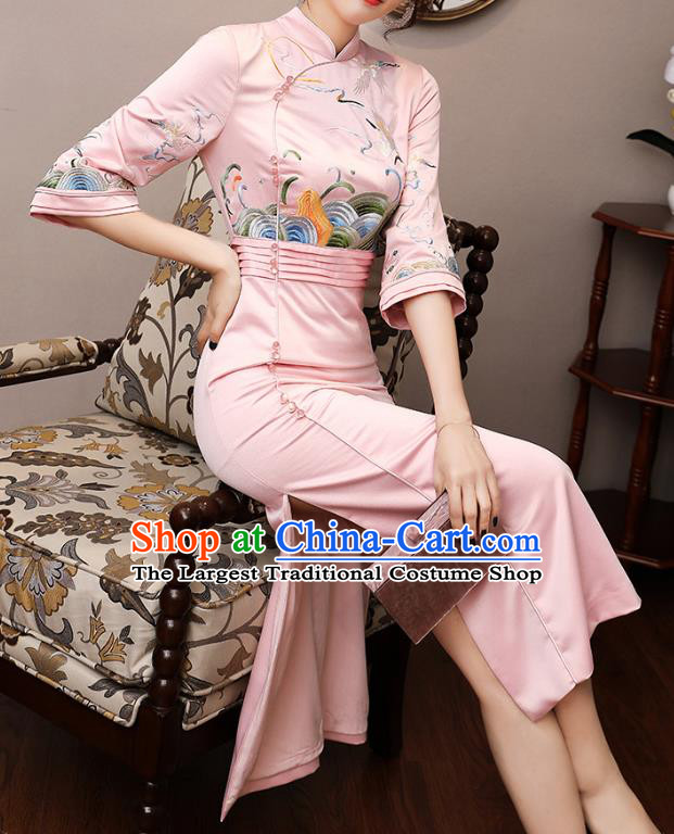 Chinese Modern Dance Pink Satin Qipao Dress Traditional Tang Suit Embroidered Cheongsam Costume