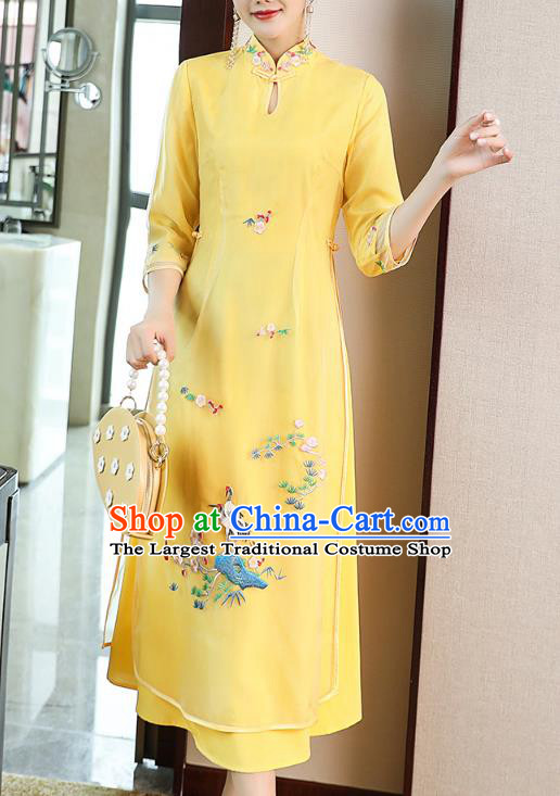 Chinese Stand Collar Qipao Dress Zen Costume Traditional Tang Suit Embroidered Yellow Organdy Cheongsam