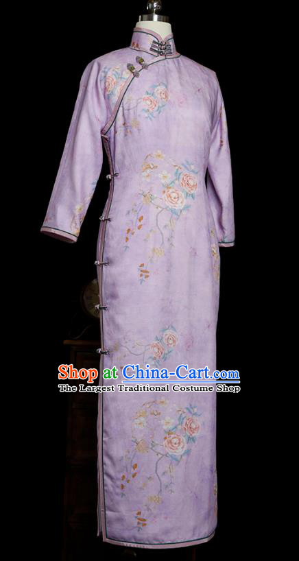 Republic of China Classical Slim Cheongsam Traditional Minguo Tang Suit Printing Peony Violet Flax Qipao Dress