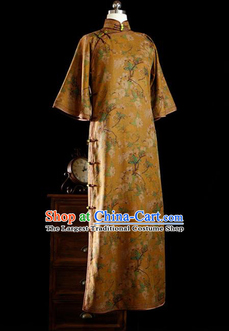 Republic of China Yellow Gambiered Guangdong Gauze Qipao Dress Traditional Minguo Classical Printing Pear Blossom Cheongsam