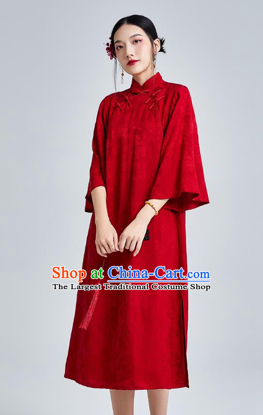 China Classical Wide Sleeve Cheongsam Costume Traditional Young Lady Red Brocade Qipao Dress