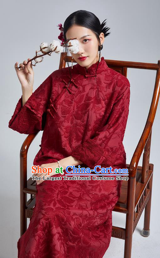 China Classical Embroidered Wine Red Cheongsam Costume Traditional Young Lady Loose Qipao Dress