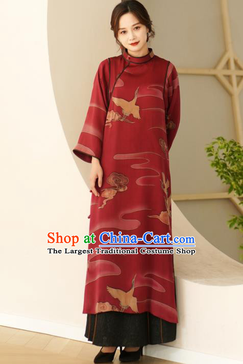 Top Female Red Silk Cheongsam Republic of China Classical Cranes Pattern Design Qipao Dress Clothing