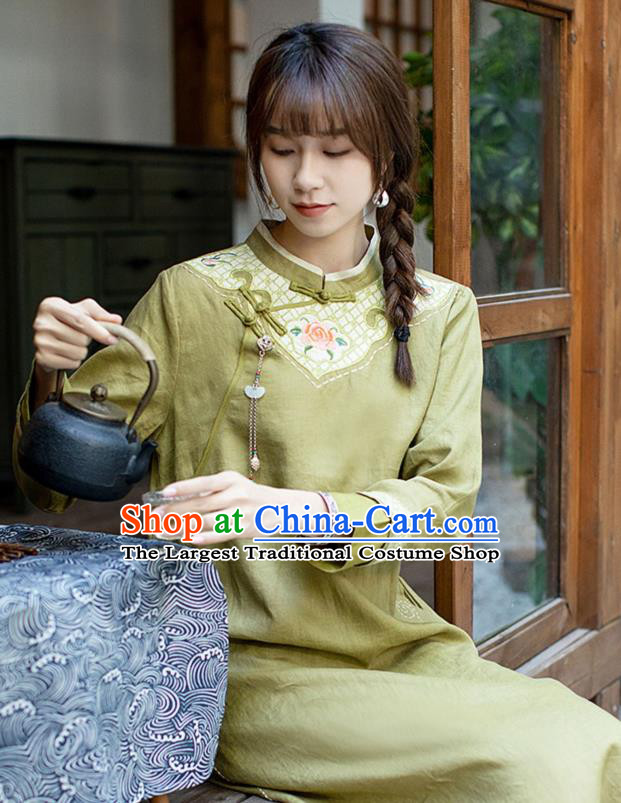 China Classical Embroidered Cheongsam Zen Costume Traditional Young Lady Green Flax Qipao Dress