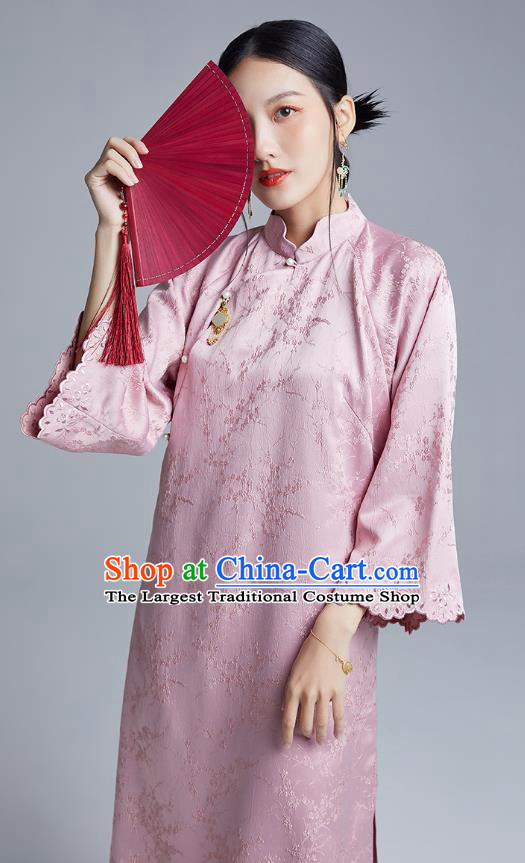 China Classical Plum Blossom Pattern Cheongsam Costume Traditional Young Lady Pink Mandarin Sleeve Qipao Dress