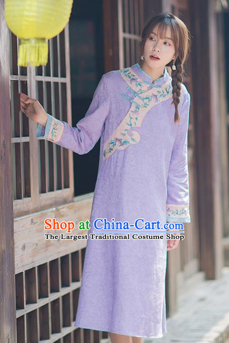 China Classical Embroidered Violet Flax Cheongsam Traditional Young Lady Qipao Dress Tang Suit Zen Costume