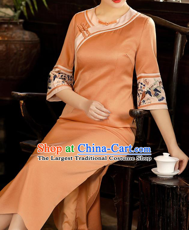 China Tang Suit Orange Silk Qipao Dress Classical Embroidered Cheongsam Traditional National Woman Costume