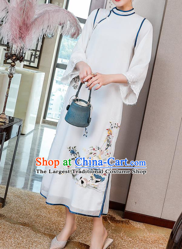 China Classical Embroidered White Tencel Cheongsam Traditional Tang Suit Round Collar Qipao Dress