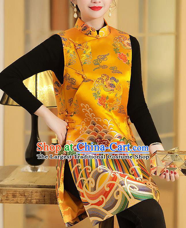 Chinese Classical Phoenix Peony Pattern Yellow Brocade Waistcoat Traditional Tang Suit Vest