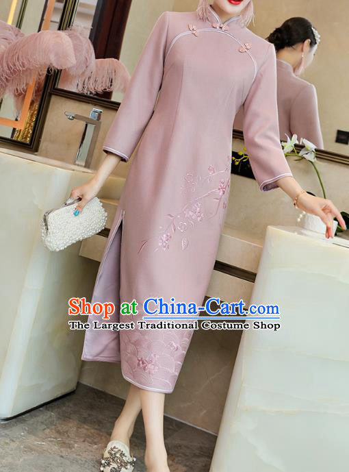 China Classical Tang Suit Qipao Dress Traditional Embroidered Pink Wool Cheongsam Costume