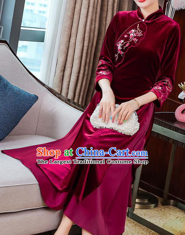 China Tang Suit Wine Red Velvet Qipao Dress Traditional Embroidered Plum Blossom Cheongsam Costume