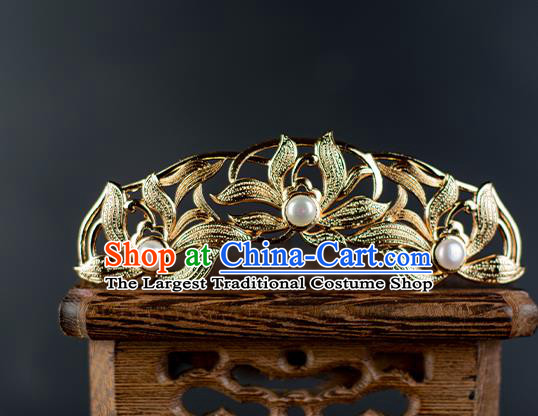 Chinese Traditional Hanfu Pearls Hairpin Hair Accessories Ancient Ming Dynasty Princess Golden Orchids Hair Crown