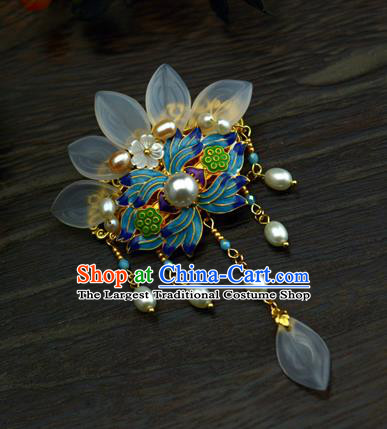 Chinese Traditional Ming Dynasty Tassel Hairpin Hanfu Hair Accessories Ancient Princess Cloisonne Lotus Hair Claw