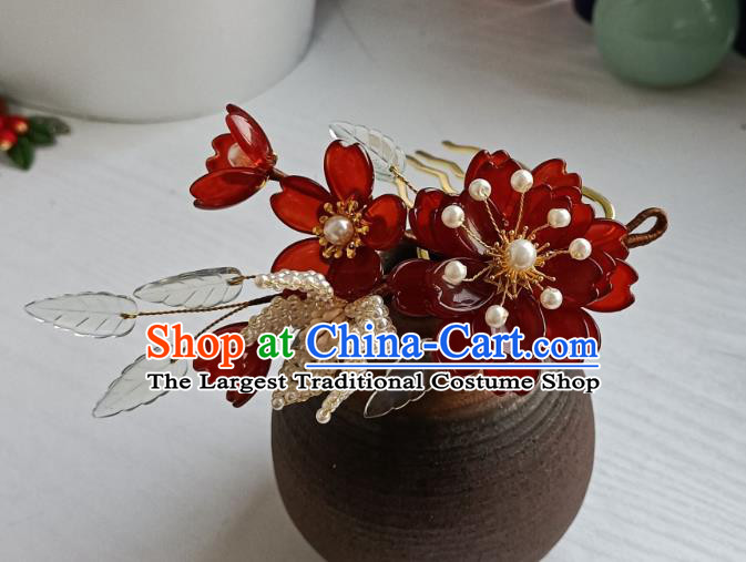 Chinese Ancient Palace Lady Hair Comb Hanfu Hair Accessories Traditional Ming Dynasty Red Peony Hair Stick