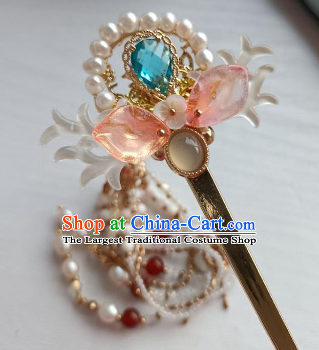 Chinese Ancient Palace Lady Beads Tassel Hairpin Hanfu Hair Accessories Traditional Ming Dynasty Shell Hair Stick