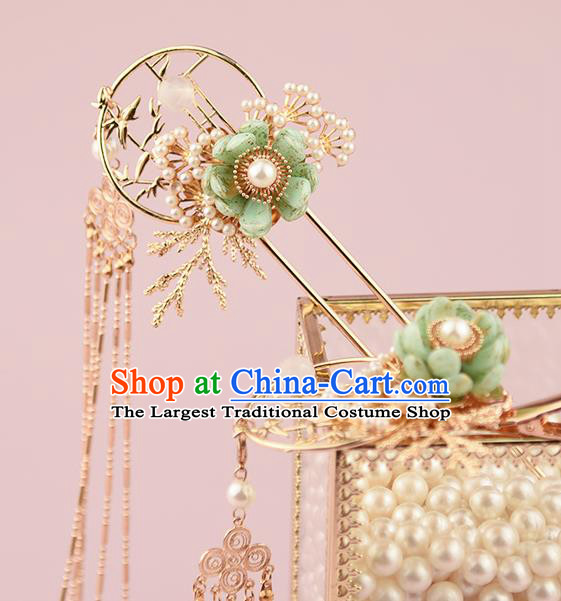 Chinese Handmade Hair Accessories Ancient Hanfu Tassel Hair Stick Traditional Green Flower Hairpin