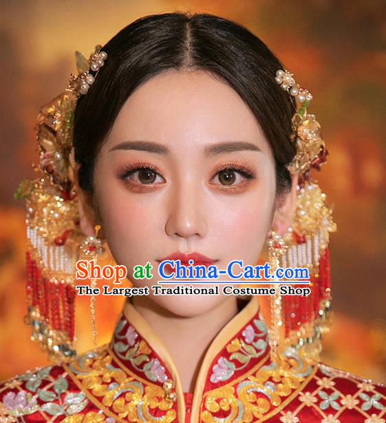 Chinese Traditional Wedding Bride Hair Accessories Classical Xiuhe Suit Beads Tassel Hairpins