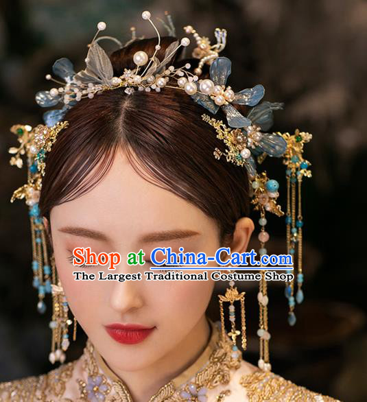 Chinese Bride Blue Flowers Hair Clasp Traditional Wedding Hair Accessories Classical Xiuhe Suit Hair Crown