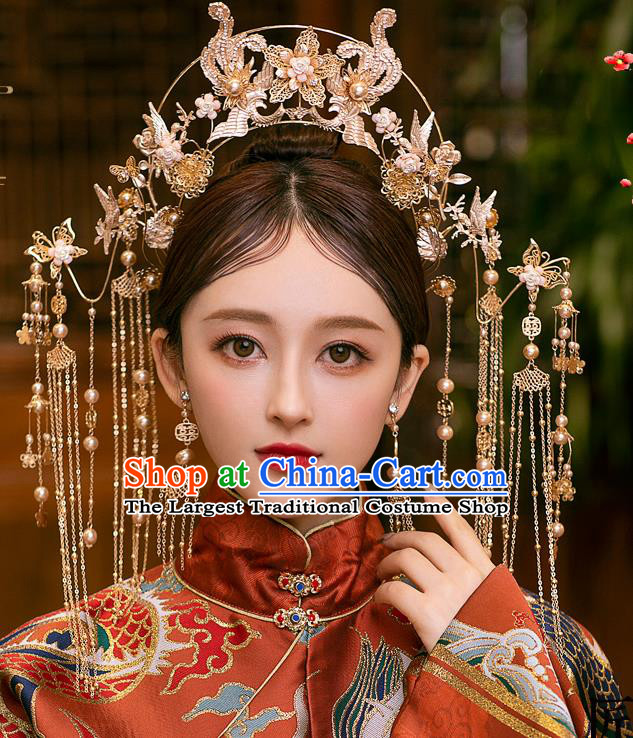 Chinese Bride Tassel Phoenix Coronet Traditional Wedding Hair Accessories Classical Xiuhe Suit Golden Hair Crown