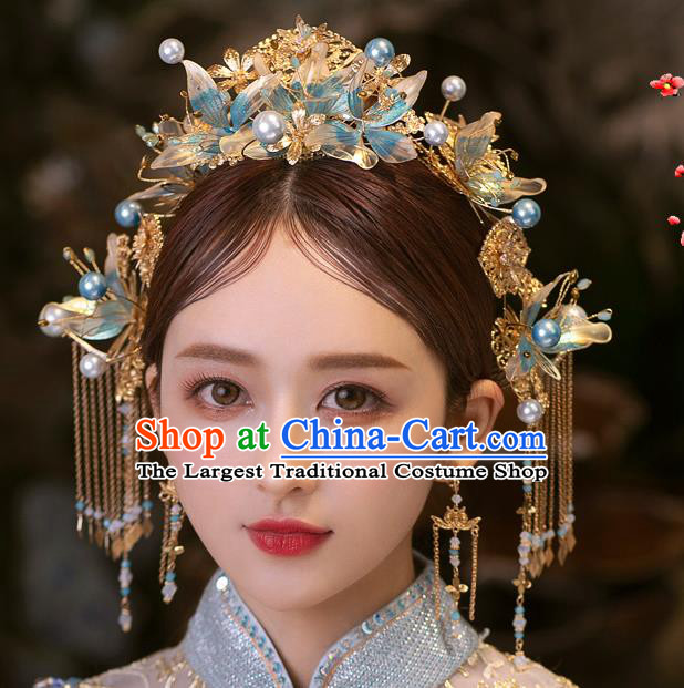 Chinese Bride Tassel Hairpins Traditional Wedding Hair Accessories Classical Xiuhe Suit Blue Flower Hair Crown