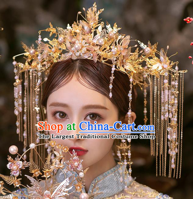 Chinese Classical Xiuhe Suit Hair Crown Bride Pink Flowers Phoenix Coronet Traditional Wedding Hair Accessories