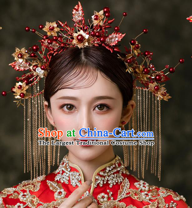 Chinese Bride Hairpins Traditional Wedding Hair Accessories Classical Xiuhe Suit Crystal Leaf Hair Crown