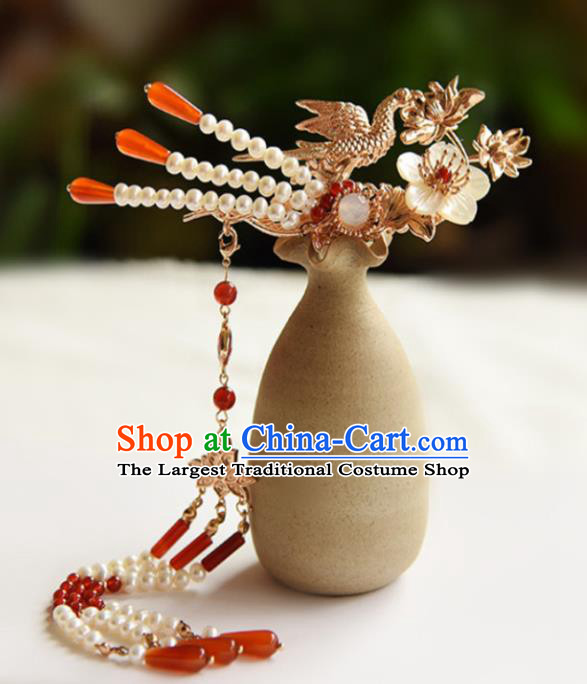 Chinese Ancient Princess Agate Tassel Hairpin Traditional Ming Dynasty Golden Phoenix Lotus Hair Stick