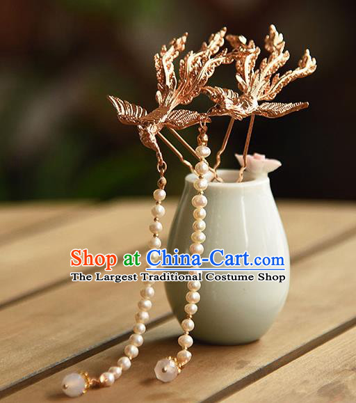 Chinese Ancient Hanfu Pearls Tassel Hairpin Traditional Ming Dynasty Princess Golden Phoenix Hair Stick