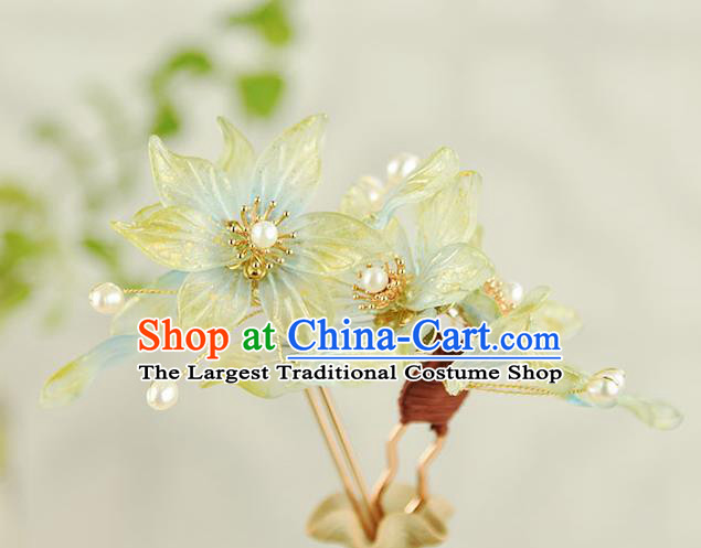 Chinese Traditional Ming Dynasty Princess Green Flowers Hair Stick Ancient Palace Lady Pearls Hairpin