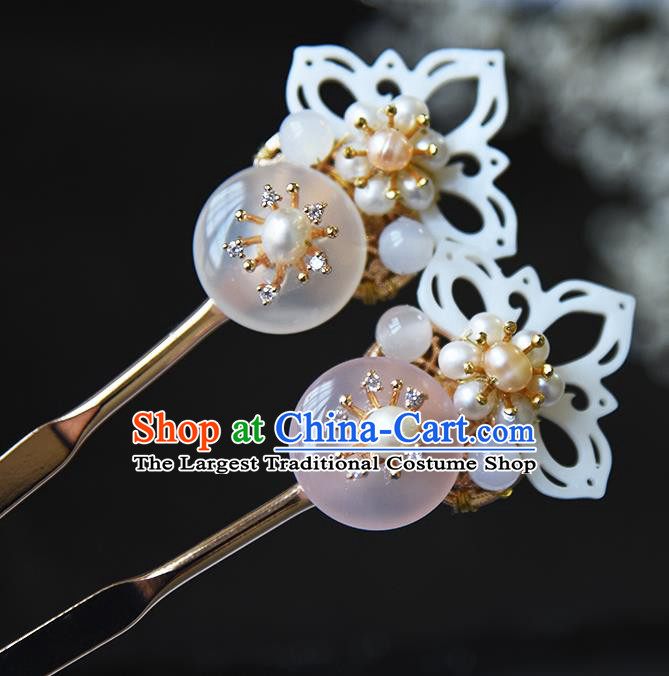 Chinese Traditional Ming Dynasty Shell Lotus Hair Stick Ancient Princess Pearls Hairpin