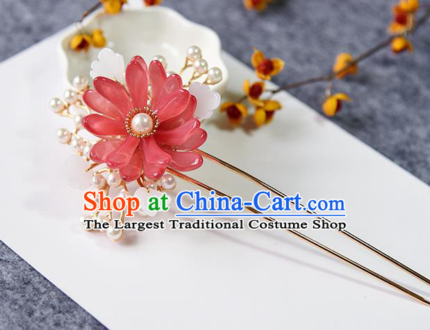 Chinese Traditional Song Dynasty Palace Lady Hair Stick Ancient Princess Red Chrysanthemum Hairpin