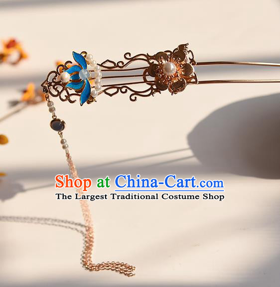 Chinese Traditional Ming Dynasty Blue Lotus Hair Stick Ancient Princess Golden Lute Tassel Hairpin