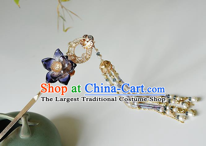 Chinese Traditional Ming Dynasty Pearls Tassel Hair Stick Ancient Princess Purple Lotus Hairpin