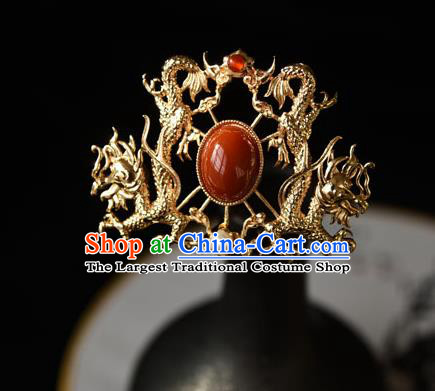 Chinese Traditional Ming Dynasty Golden Dragons Hair Crown Ancient Court Empress Hairpin