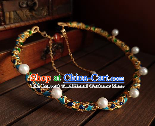 China Classical Ancient Court Woman Pearls Necklace Traditional Ming Dynasty Cloisonne Necklet Accessories