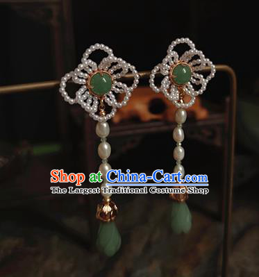 China Handmade Ancient Princess Pearls Earrings Jewelry Traditional Ming Dynasty Jade Mangnolia Ear Accessories