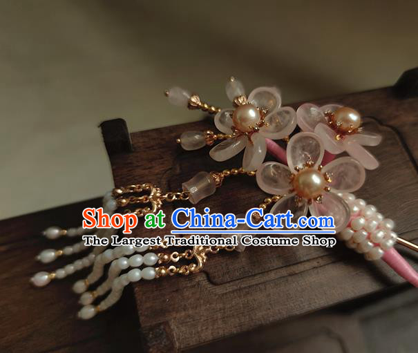 Chinese Traditional Ming Dynasty Rose Quartz Plum Blossom Hair Stick Ancient Princess Beads Tassel Hairpin